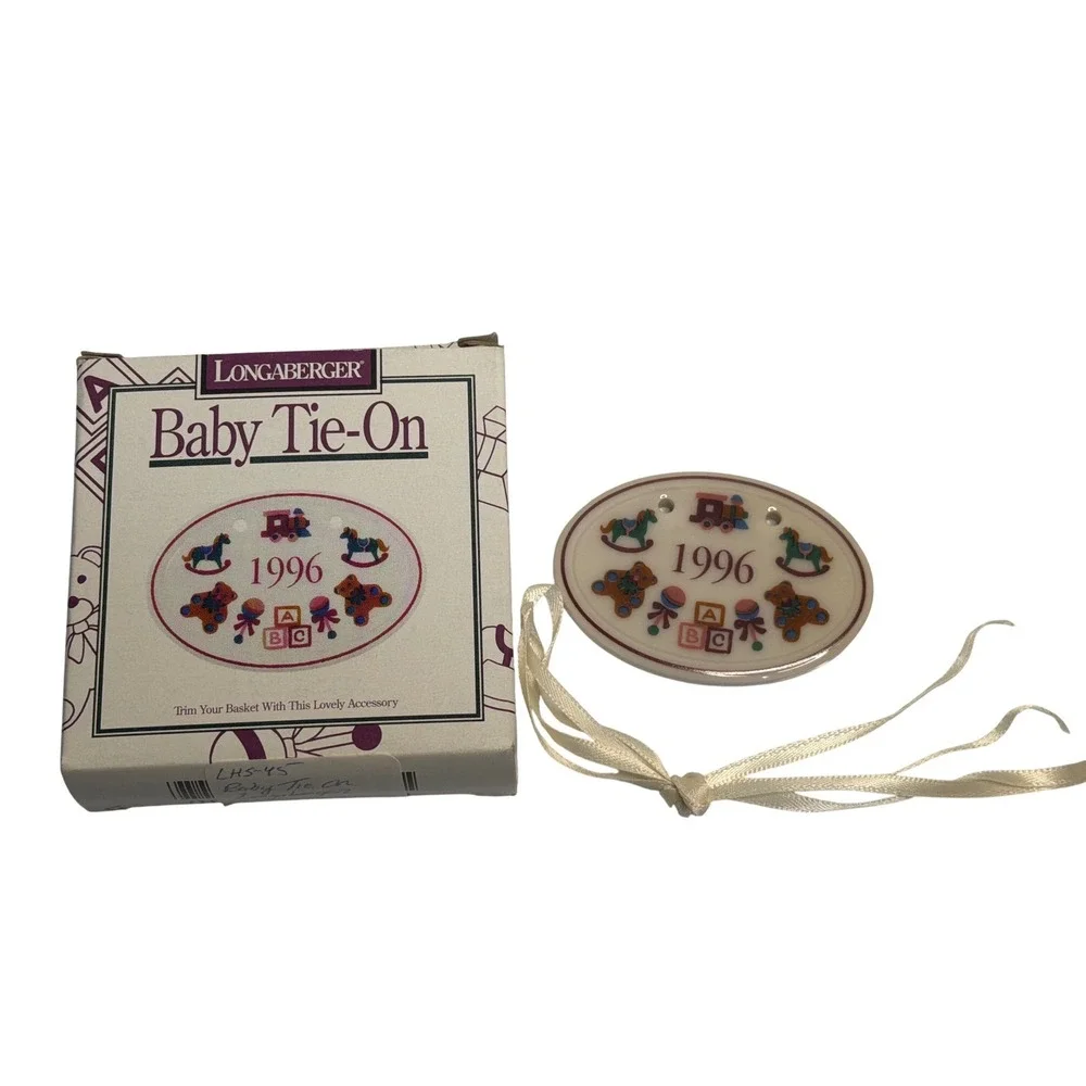 VTG Longaberger Baby Tie-On 1996 Ceramic Basket Charm Nursery Decor White Oval